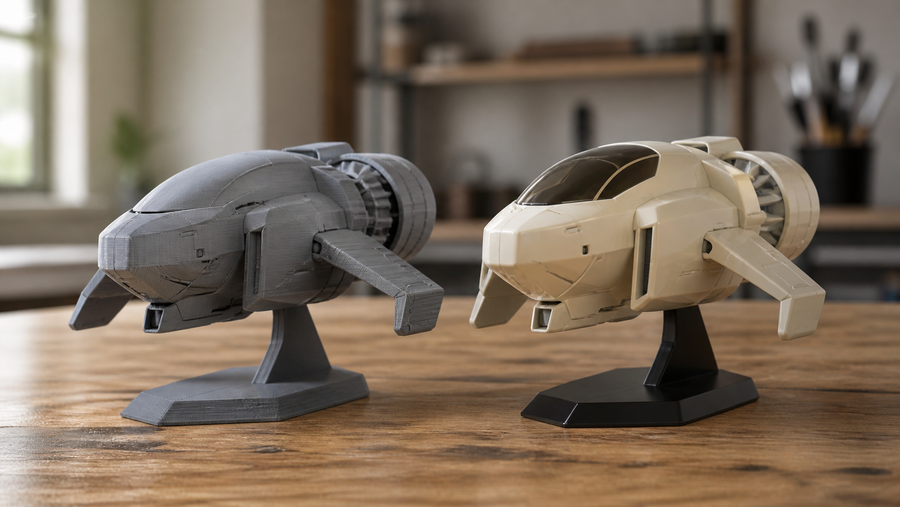 Generic 3D printed and injection-moulded spacecraft collectibles compared side by side
