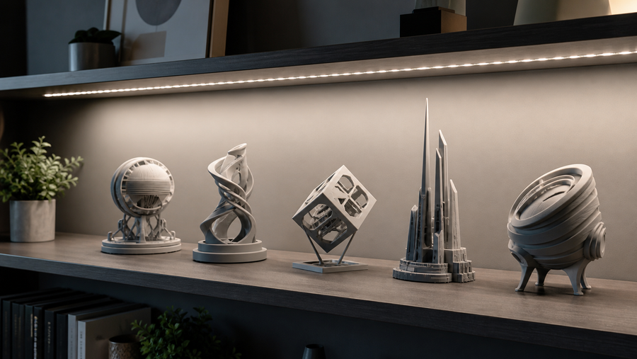 Generic 3D printed display models illuminated by a low-heat LED shelf light