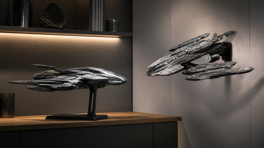 Generic spaceship model shown on a tabletop stand and a wall mount
