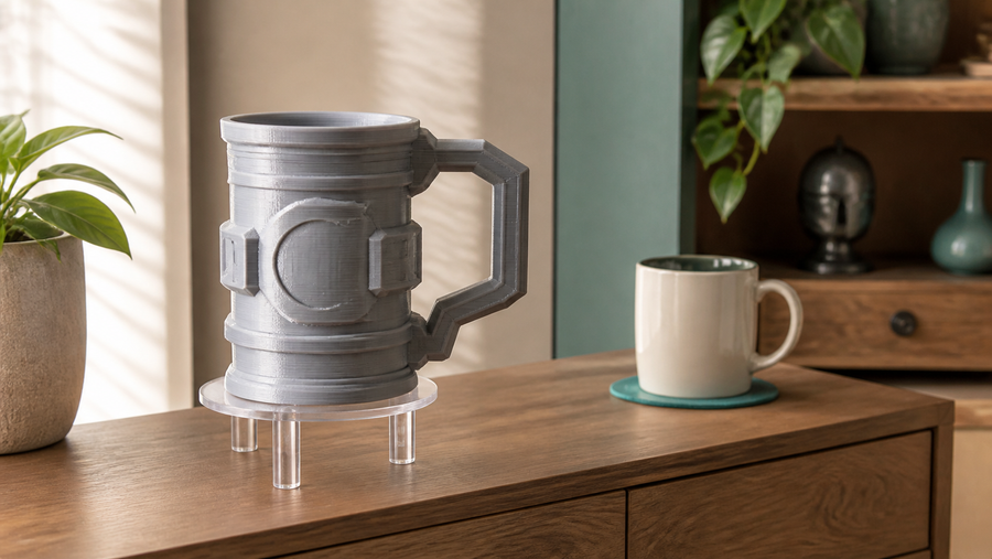 Generic 3D printed display mug on a stand beside a ceramic drinking mug