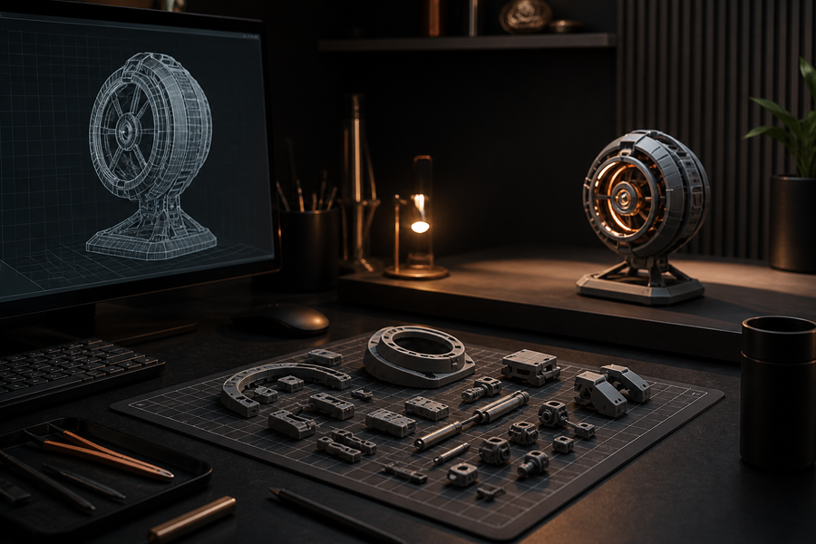 Digital 3D design, neatly arranged print parts and a finished generic display object