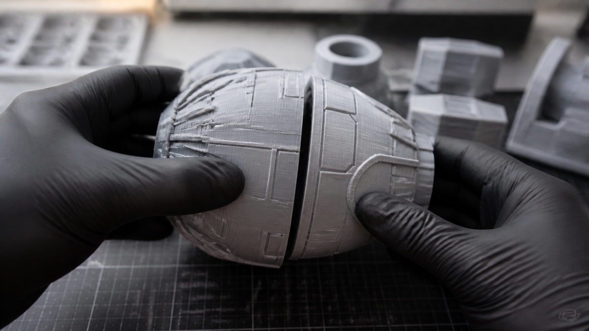 Gloved hands aligning two generic 3D printed model sections at a clean assembly seam
