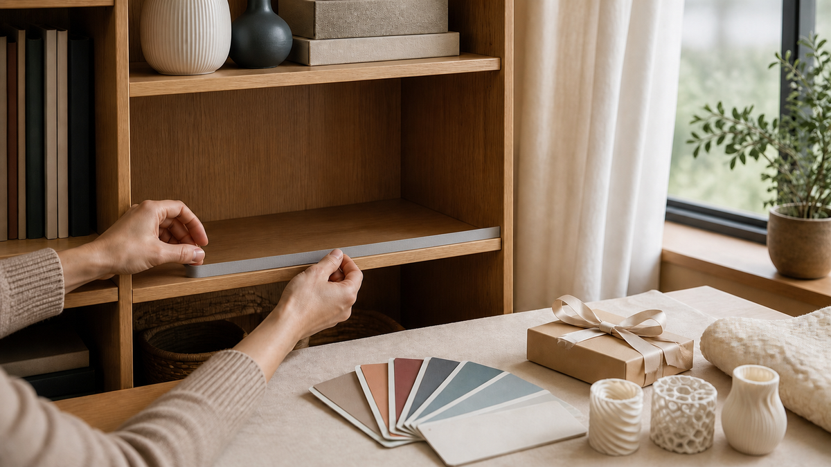 Empty display shelf being measured beside colour swatches and a wrapped gift