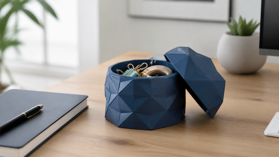 Blue geometric 3D printed storage container holding small desk accessories