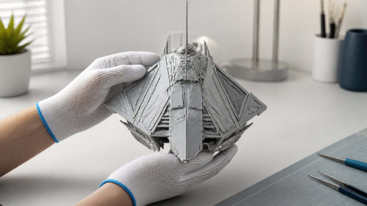 Gloved hands supporting a generic 3D printed model with fine protruding details