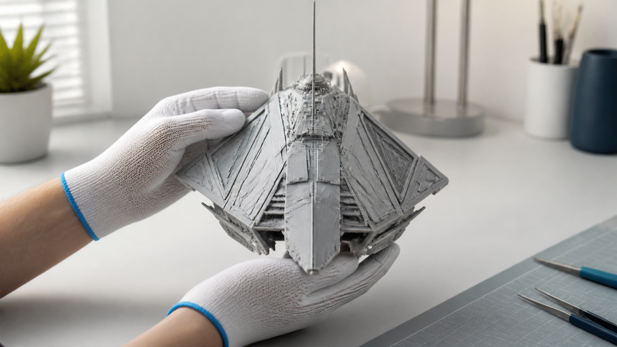 Gloved hands supporting a generic 3D printed model with fine protruding details