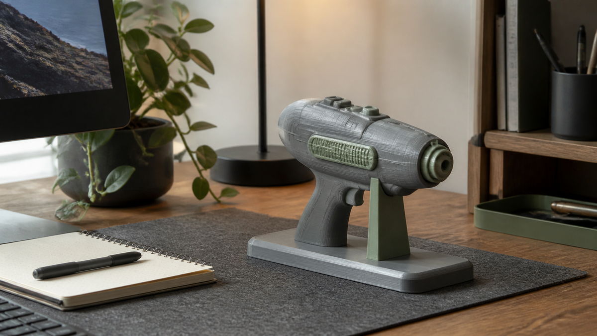 Generic 3D printed retro-futurist prop on a stand in a tidy desk setup