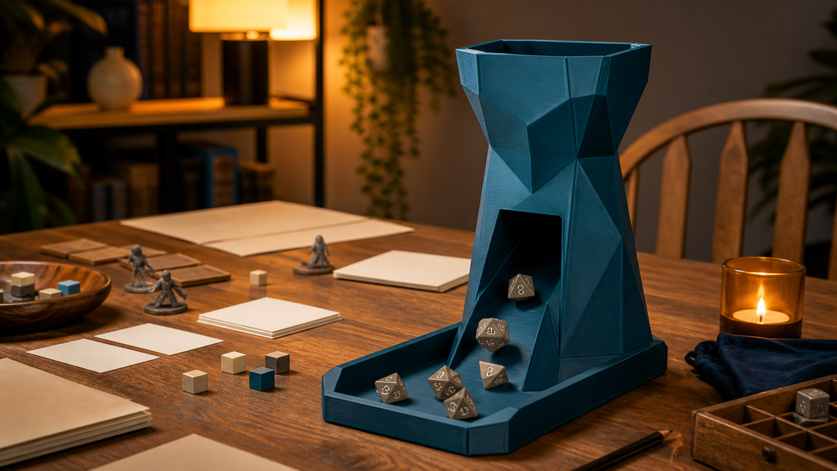 Generic teal 3D printed dice tower with catch tray on a tabletop gaming table