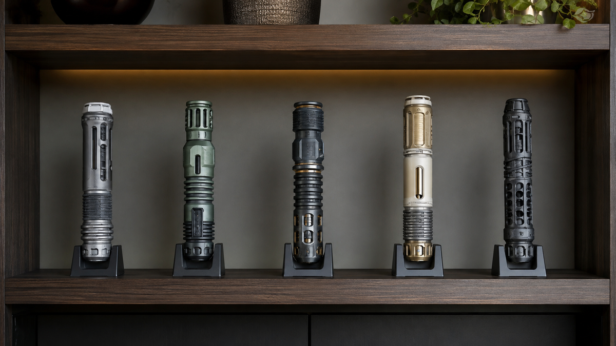 Five generic science-fiction prop handles arranged on individual shelf stands