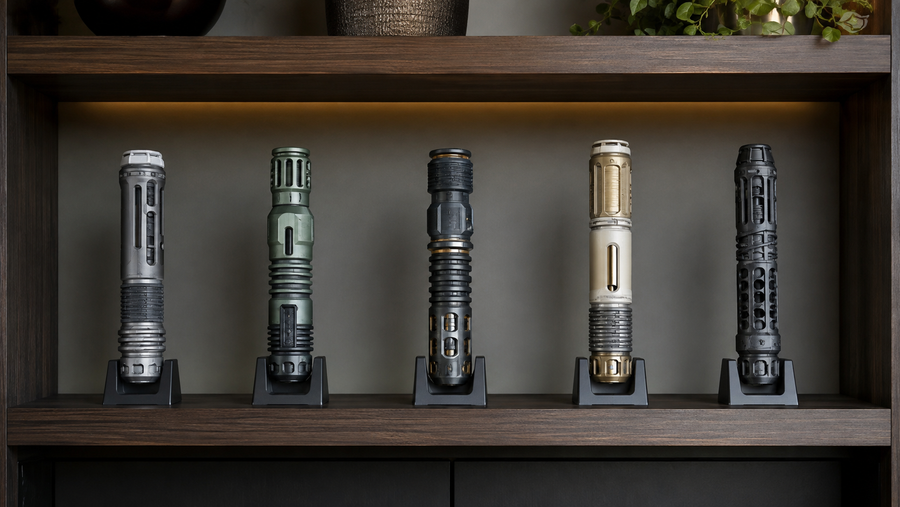 Five generic science-fiction prop handles arranged on individual shelf stands