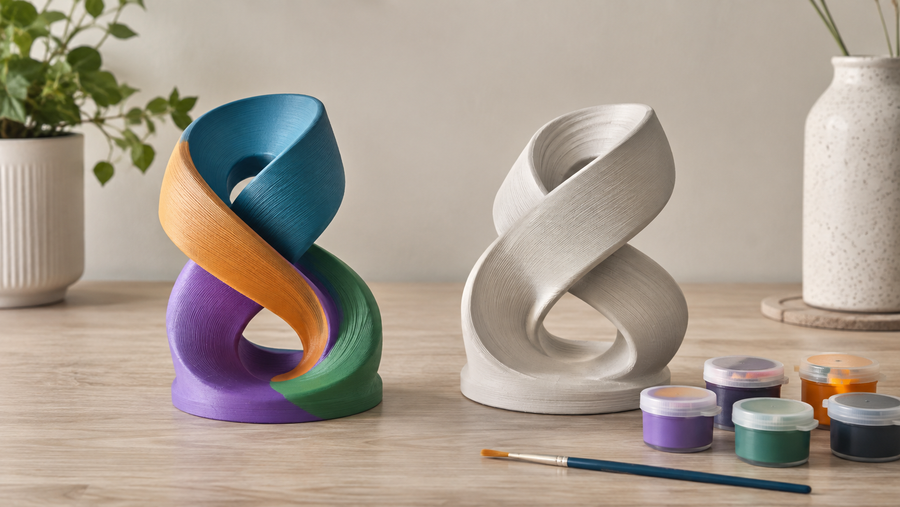 Side-by-side coloured and plain 3D printed abstract sculptures with painting supplies