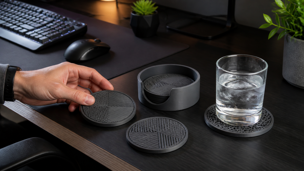 Generic geometric 3D printed coasters and holder on a gaming desk