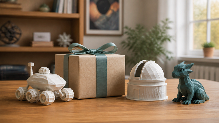 Unbranded 3D printed rover, observatory and creature beside a wrapped gift