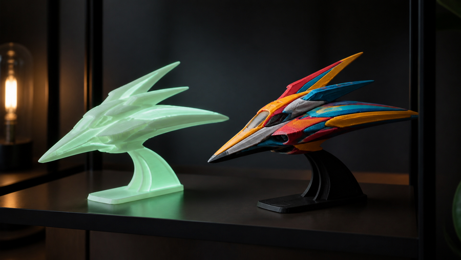 Generic glow-in-the-dark and fully coloured 3D printed display models side by side