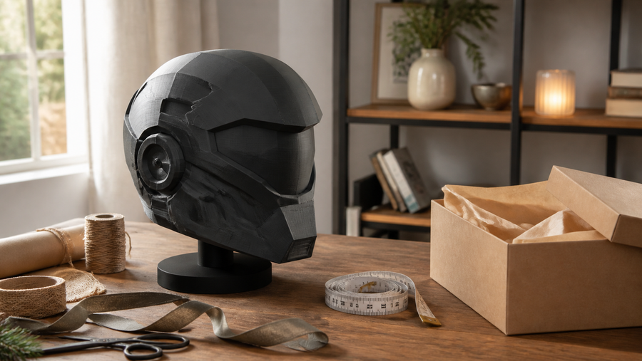 Generic futuristic 3D printed helmet replica beside an unbranded gift box and measuring tape