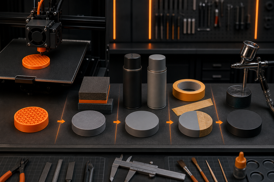 3D printing and finishing tools arranged as a production workflow