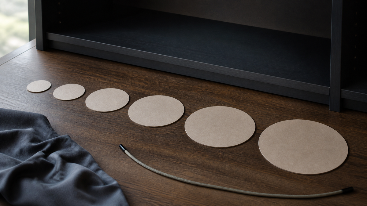 Six blank circular footprint templates arranged from small to large beside a display shelf