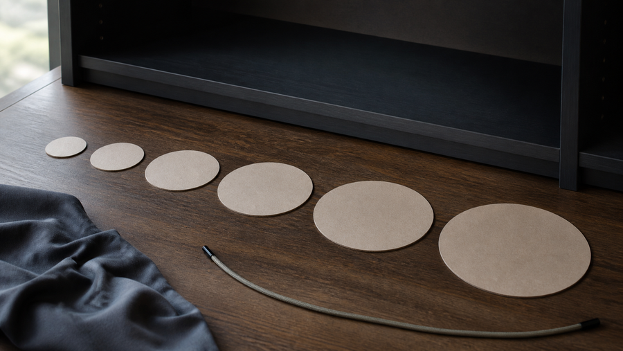 Six blank circular footprint templates arranged from small to large beside a display shelf