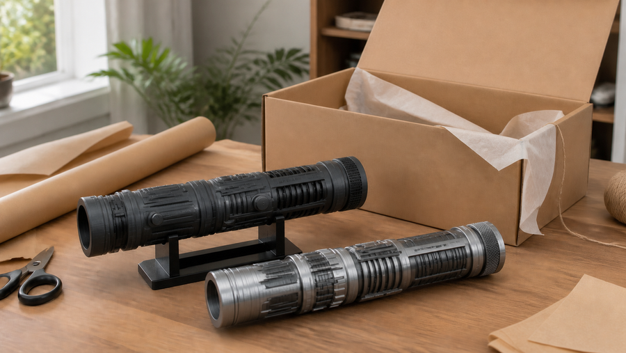 Two generic 3D printed futuristic hilt props beside an unbranded gift box