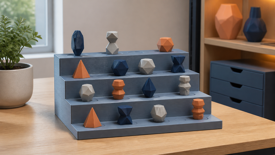 Generic tiered 3D printed stand displaying abstract miniature figures