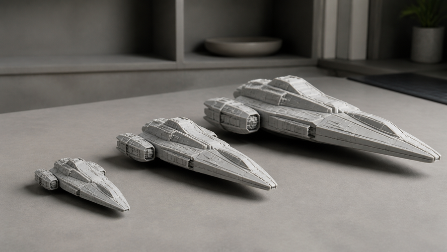 Three generic spacecraft forms at different model scales on a neutral desk