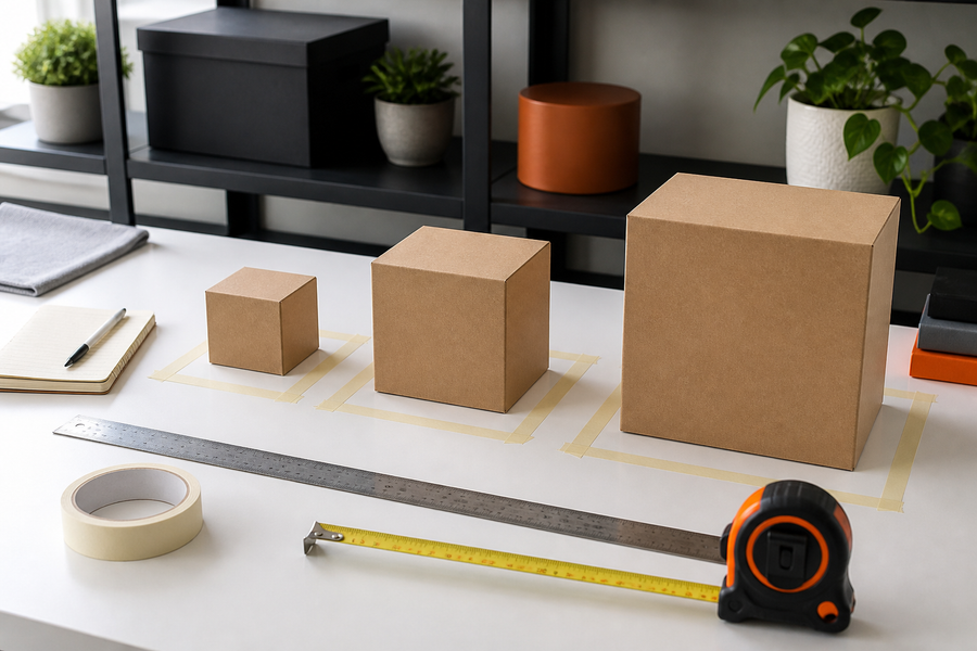 Shelf planning with measuring tools and small medium and large space templates