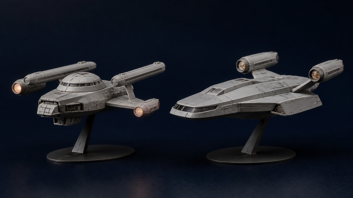 Two generic early-exploration starship models compared side by side on display stands