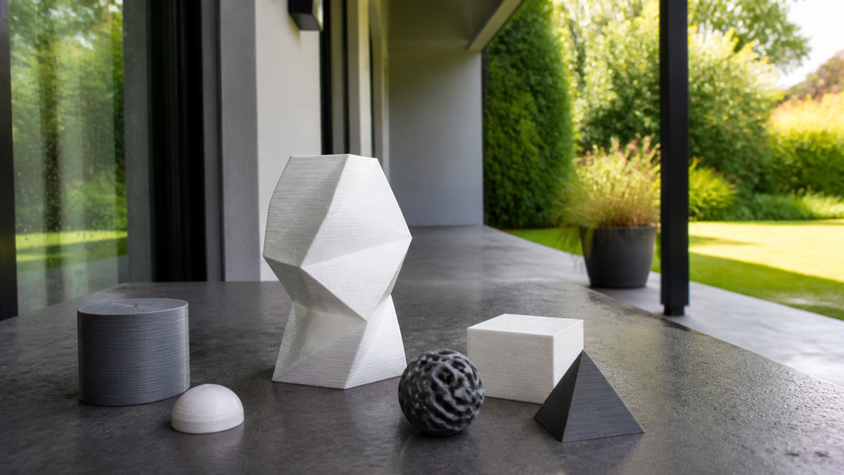 Generic 3D printed material samples on a sheltered outdoor table