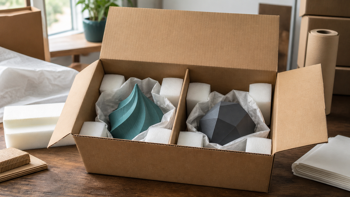 Generic 3D printed display forms protected with tissue and foam inside a moving box