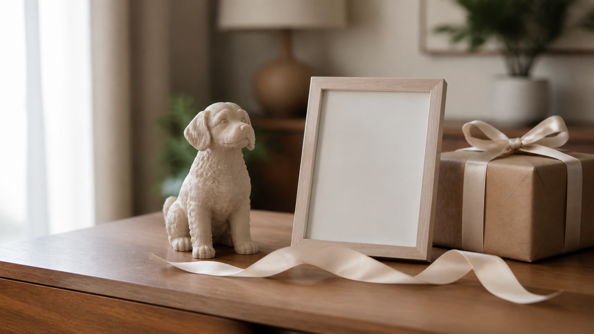 Generic 3D printed dog keepsake beside a blank photo frame and wrapped gift
