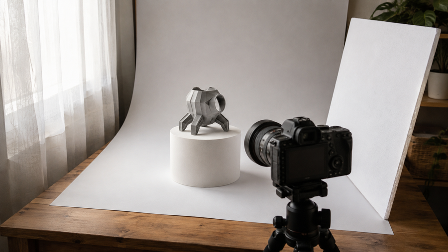 Home photography setup with a generic 3D printed study model, camera and reflector