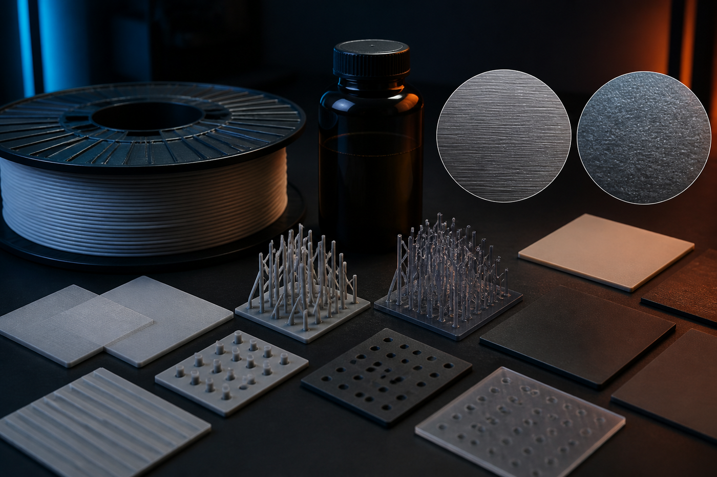 PLA filament, resin and 3D printing surface samples on a dark workbench