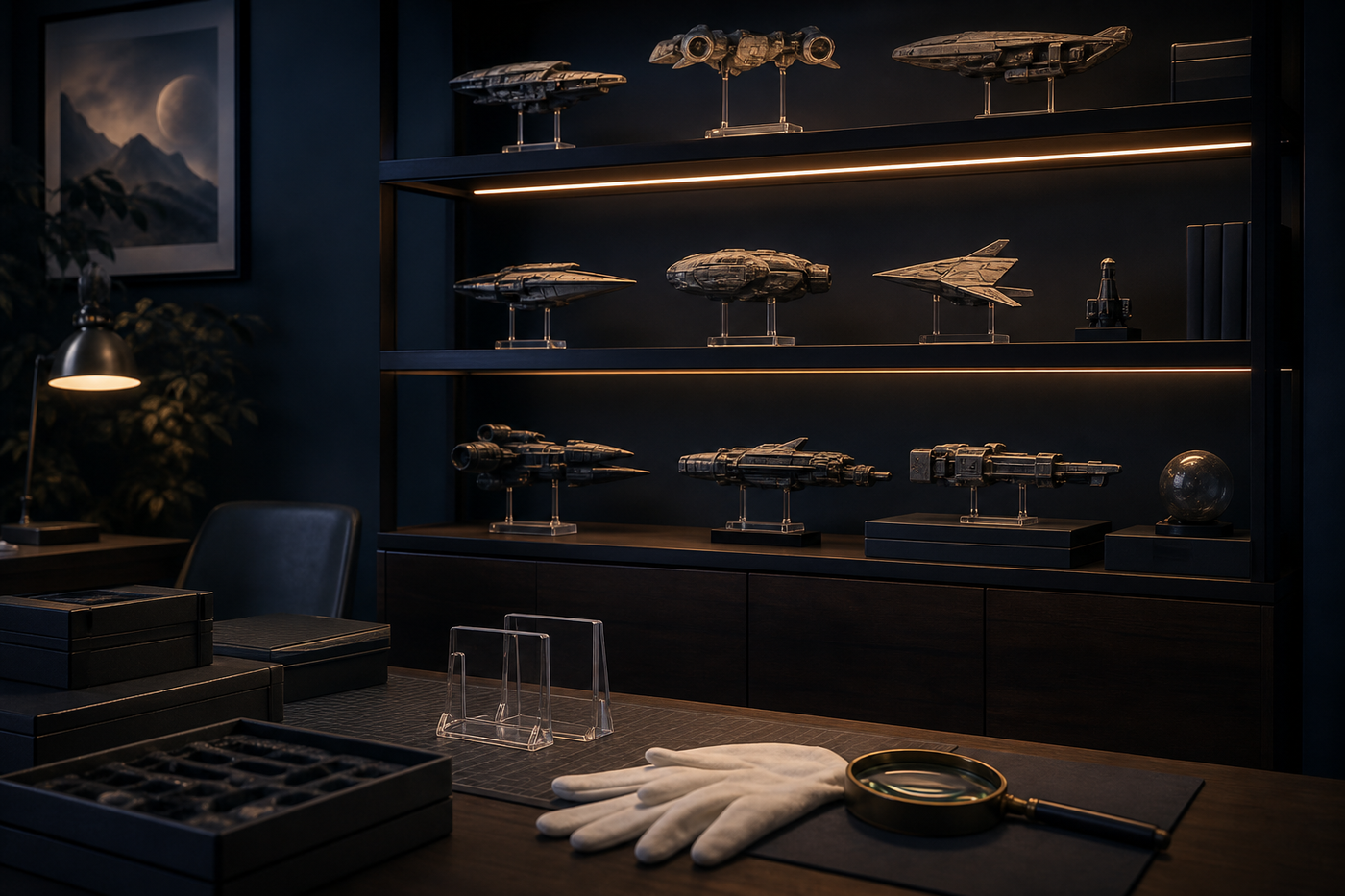 Curated science-fiction model collection displayed on illuminated shelves