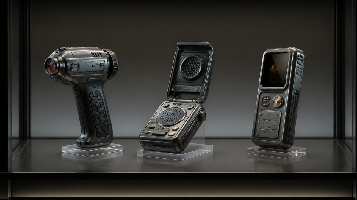 Three generic retro-futurist handheld prop types displayed on clear stands