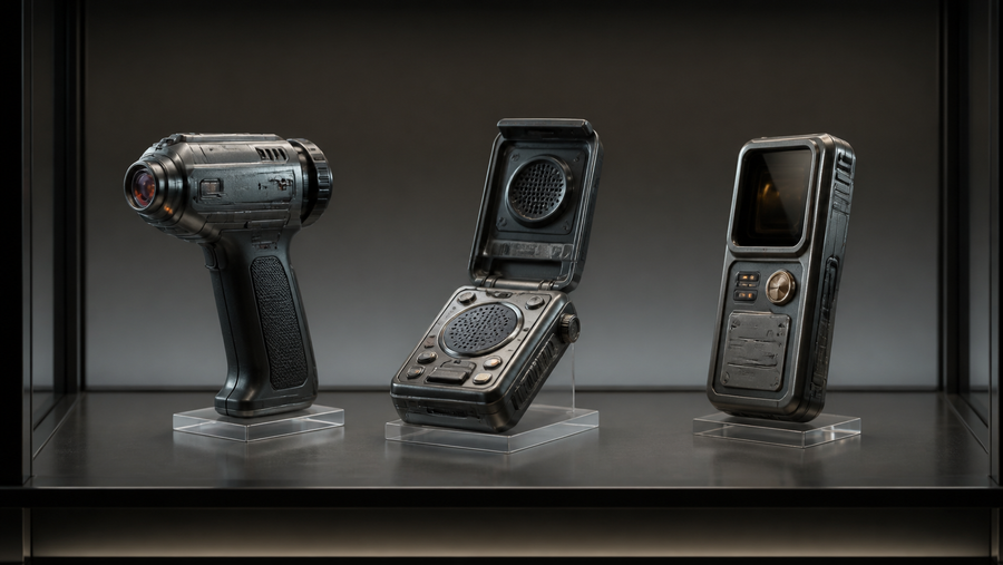 Three generic retro-futurist handheld prop types displayed on clear stands