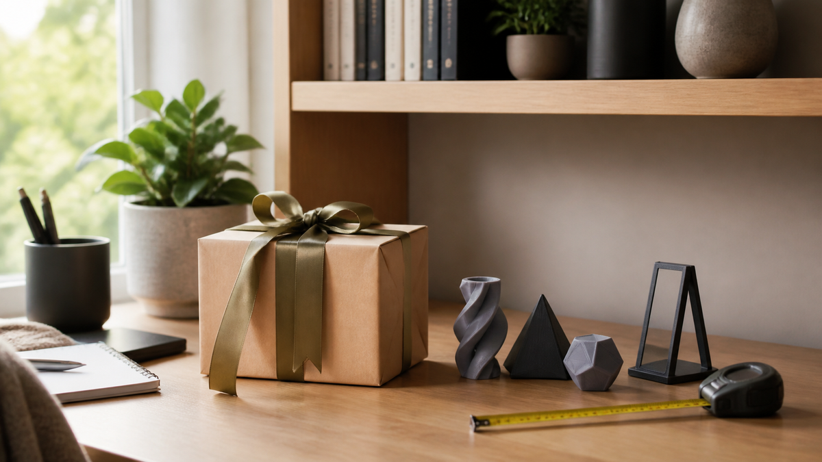 Wrapped gift and generic small 3D printed shapes beside a measuring tape