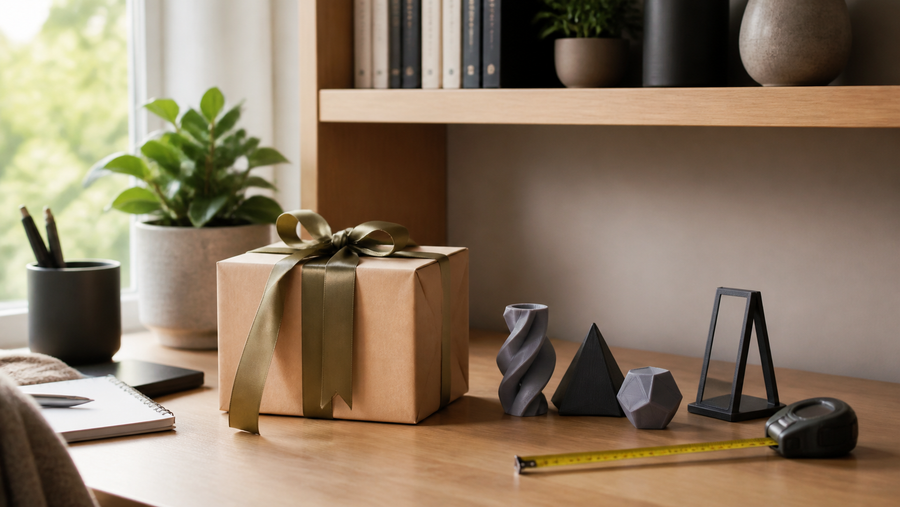 Wrapped gift and generic small 3D printed shapes beside a measuring tape