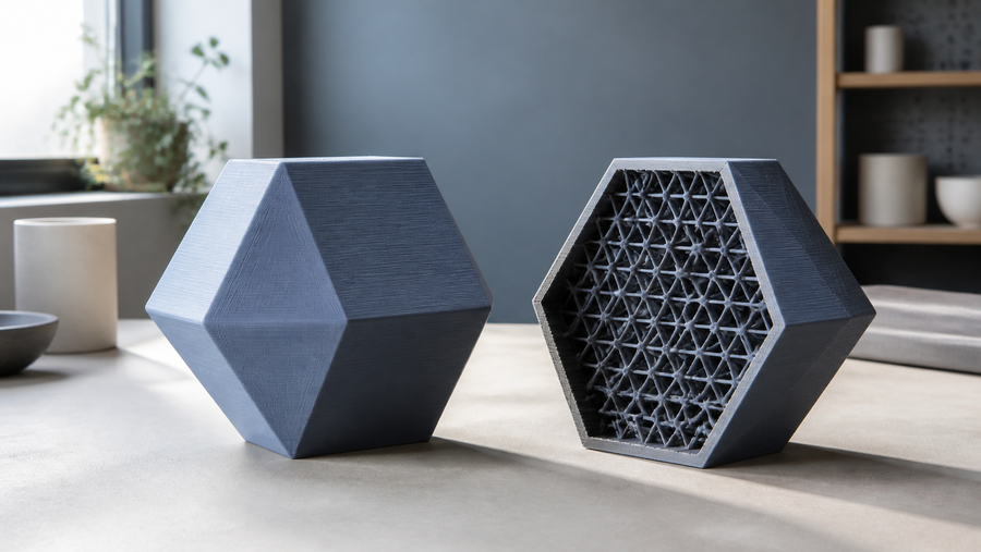 Generic 3D printed geometric forms showing a solid exterior and internal lattice