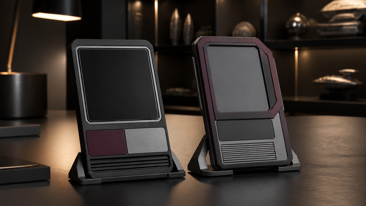 Two generic retro-futurist data tablets displayed on minimalist stands