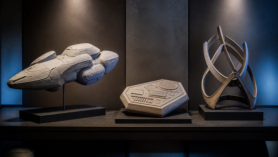 Generic sci-fi spacecraft, control device and abstract headpiece displayed on plinths