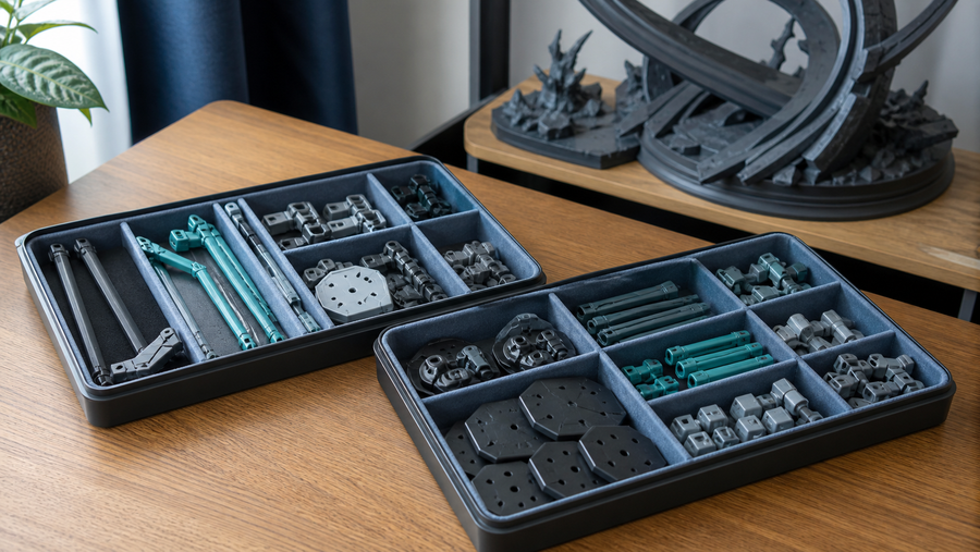 3D printed display stands and small parts organised in soft compartment trays