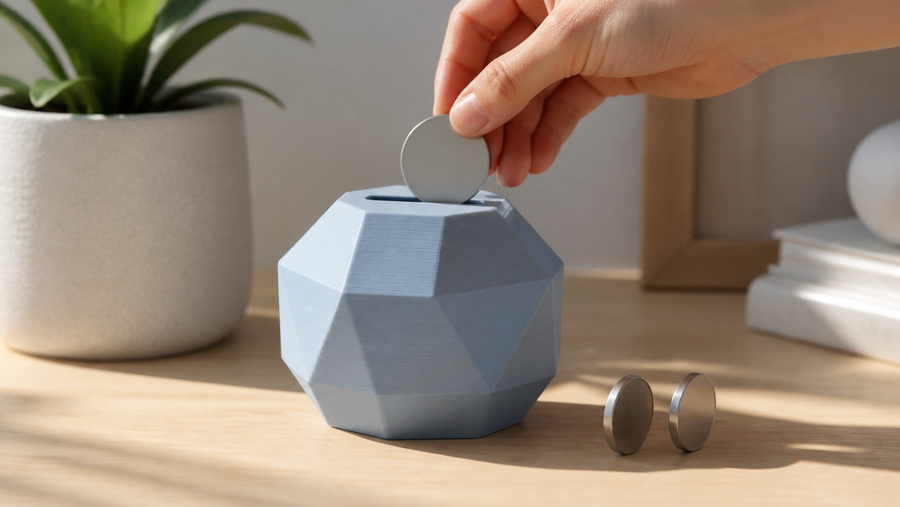 Generic geometric 3D printed coin bank with a plain metal token entering the slot